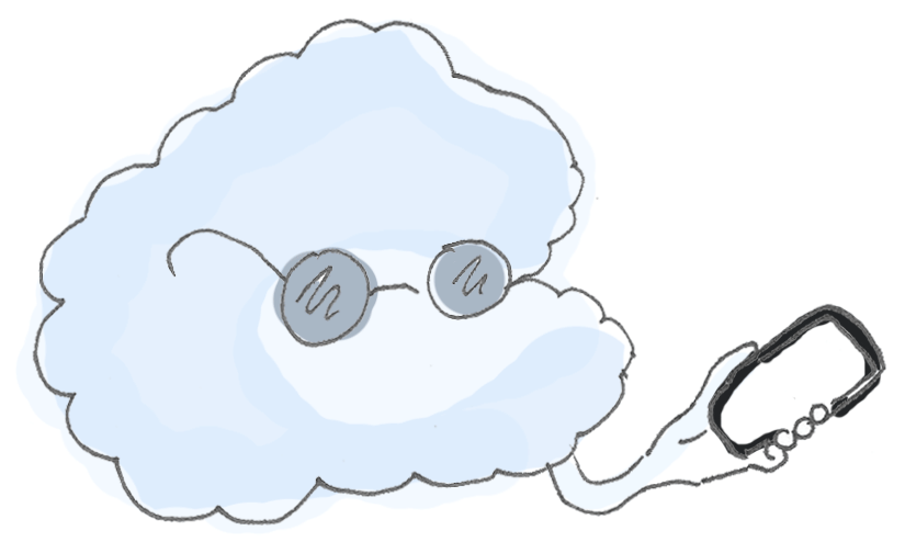 Illustrated animation gif of a cloud in the sky, wearing groovy sunglasses, holindg a cell phone with incoming texts saying 'U there? Sup? Hey! U got my stuff?' 