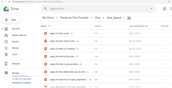Screenshot of Mary's Google Drive folder directory for zine files