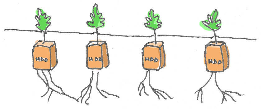 Four hard drives illustrated as carrots growing underground with roots into the soil and green tops popping above the ground